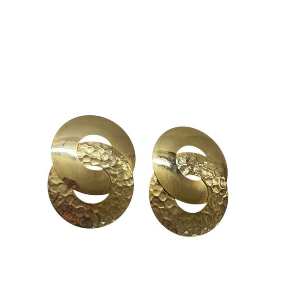 Vintage Goldtone Statement Earrings Hammered Pierced 2.2 Inch - Picture 5 of 5